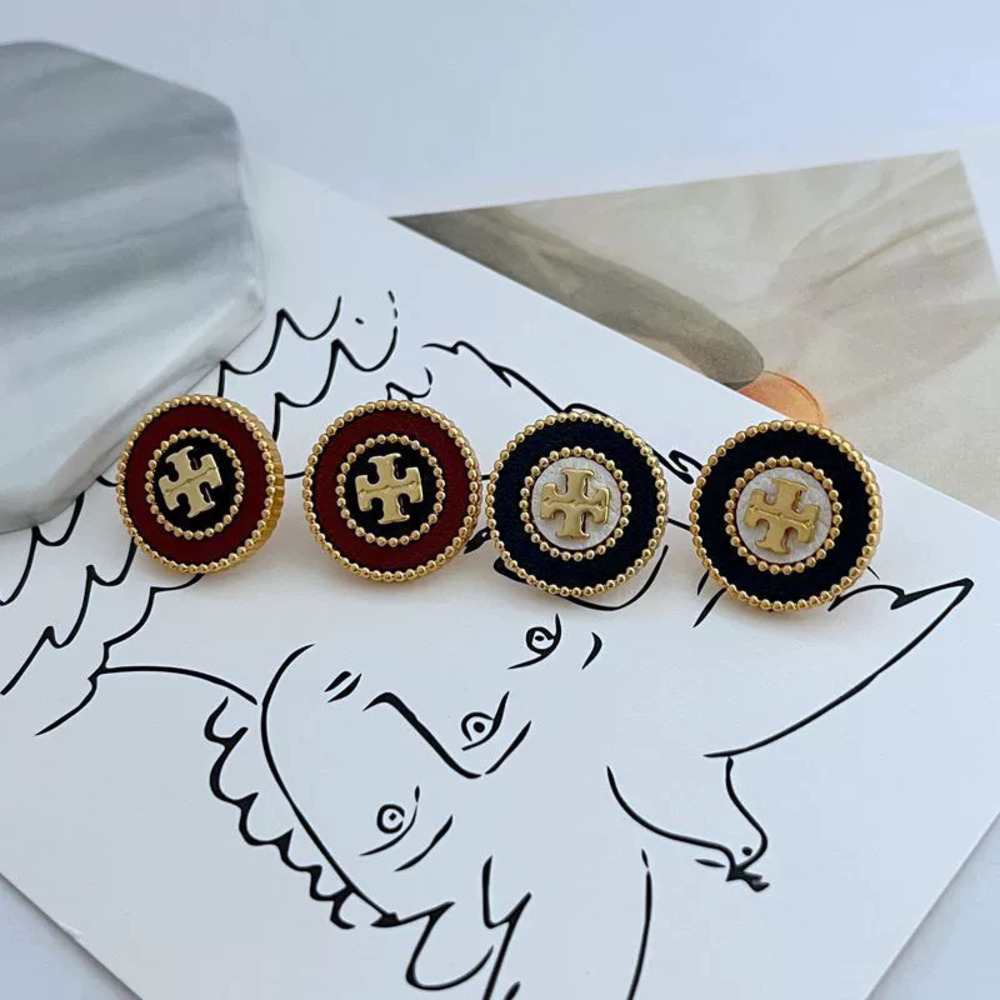 Tory Burch Geometric Round Colorblock Letter Leather Metal Stud Earrings